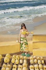 Yellow Fruit Leaves Banana Beaded Fringes Maxi Skirt - FARM Rio FRUIT LEAVES BANANA YELLOW