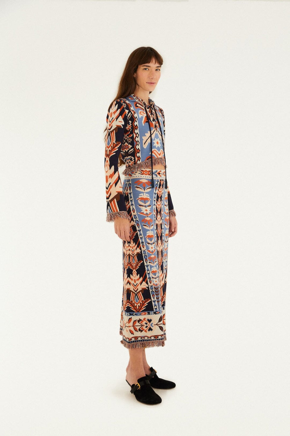 Multicolor Tapestry Fringes Knit Skirt - FARM Rio EMBROIDERED TAPESTRY BLUE