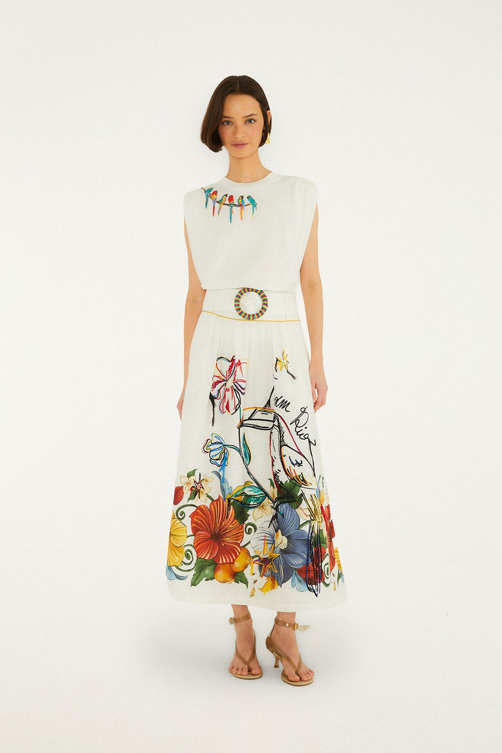 Off-White Tropi Embroidered Euroflax Premium Linen Maxi Skirt - FARM Rio TROPI OFF-WHITE