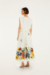 Off-White Tropi Embroidered Euroflax Premium Linen Maxi Skirt - FARM Rio TROPI OFF-WHITE