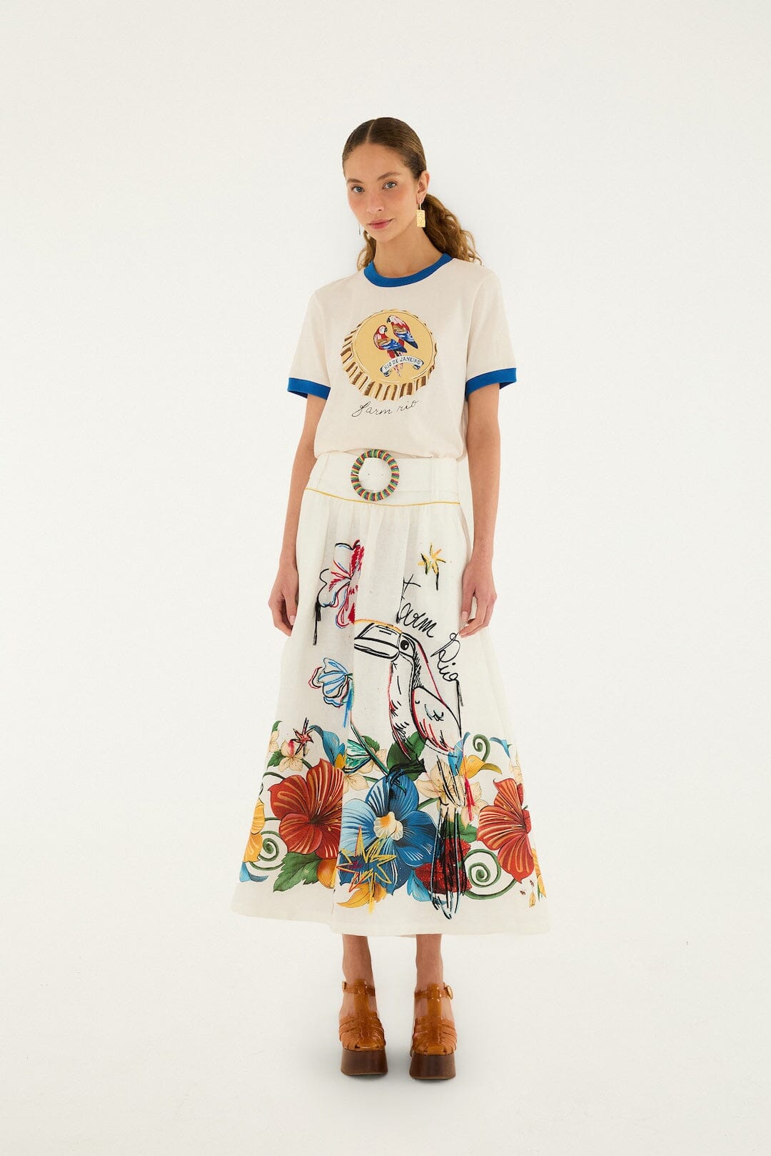 Off-White Tropi Embroidered Euroflax Premium Linen Maxi Skirt - FARM Rio TROPI OFF-WHITE