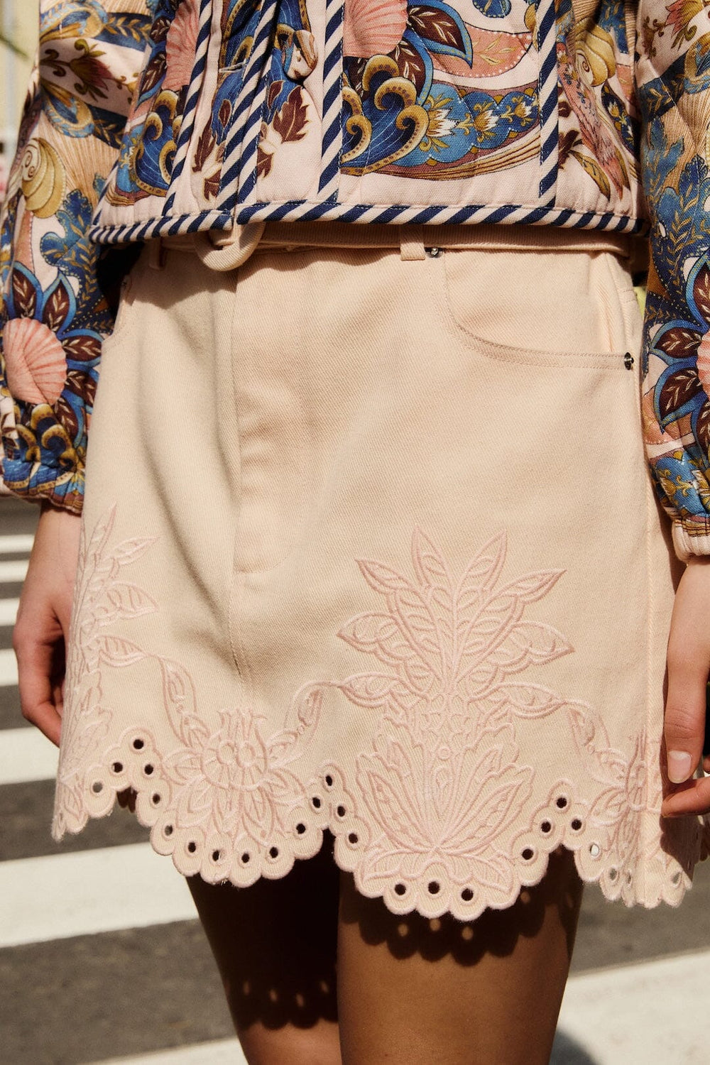 Soft Pink Geometric Richelieu Twill Mini Skirt - FARM Rio PINK