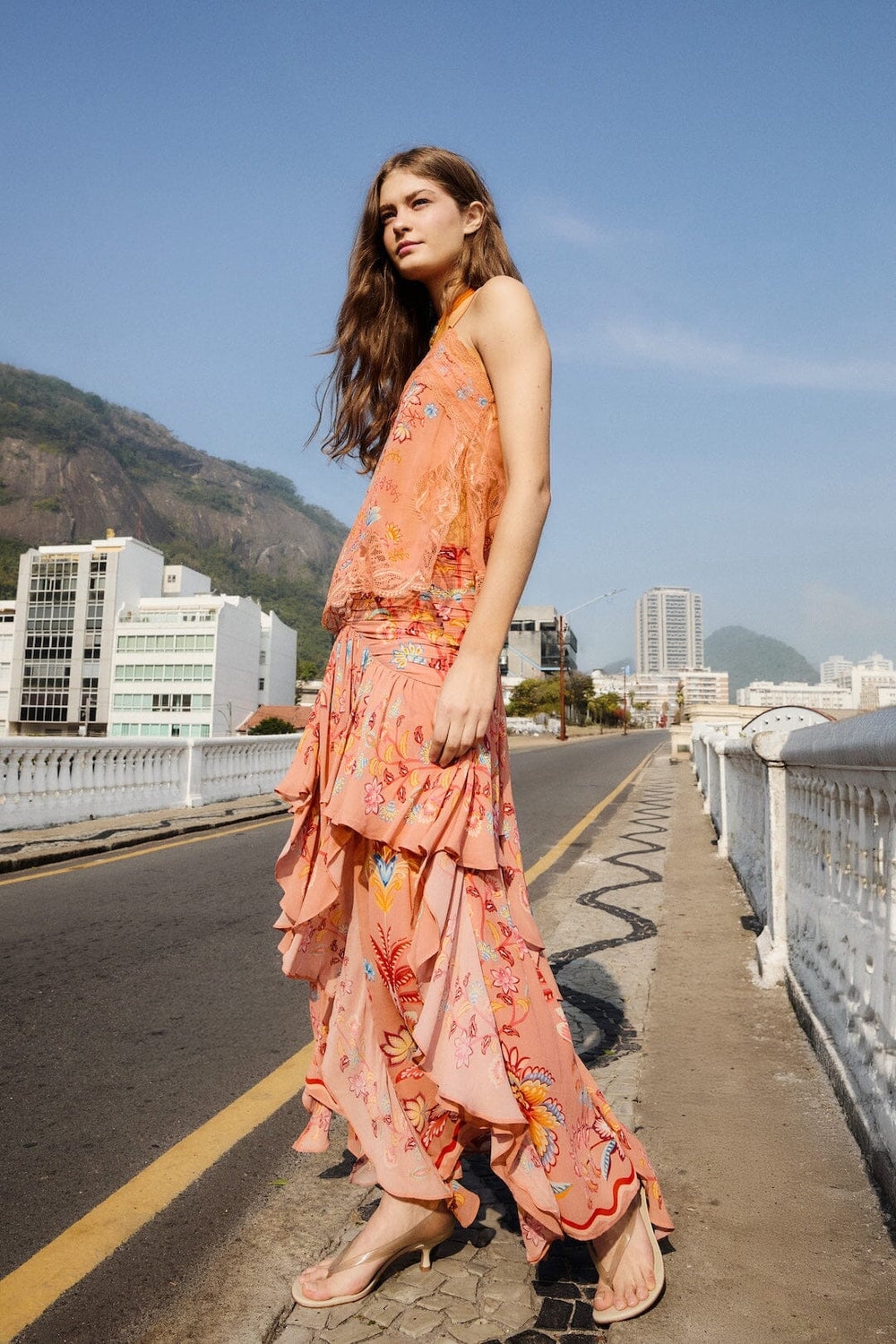 Mocha Boho Enhance Ruched Ruffled Maxi Skirt - FARM Rio BOHO ENCHANCE MOCHA