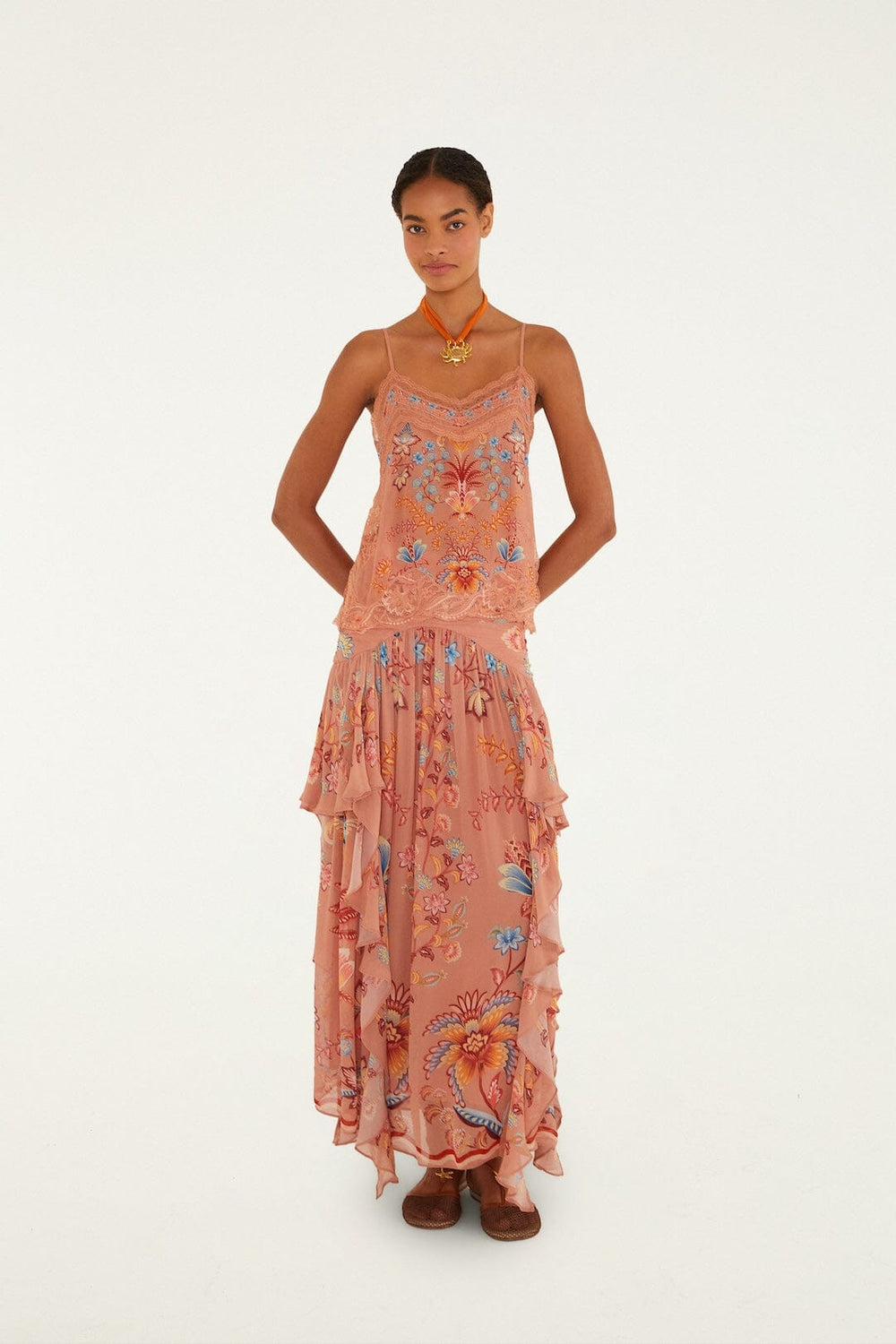 Mocha Boho Enhance Ruched Ruffled Maxi Skirt - FARM Rio BOHO ENCHANCE MOCHA