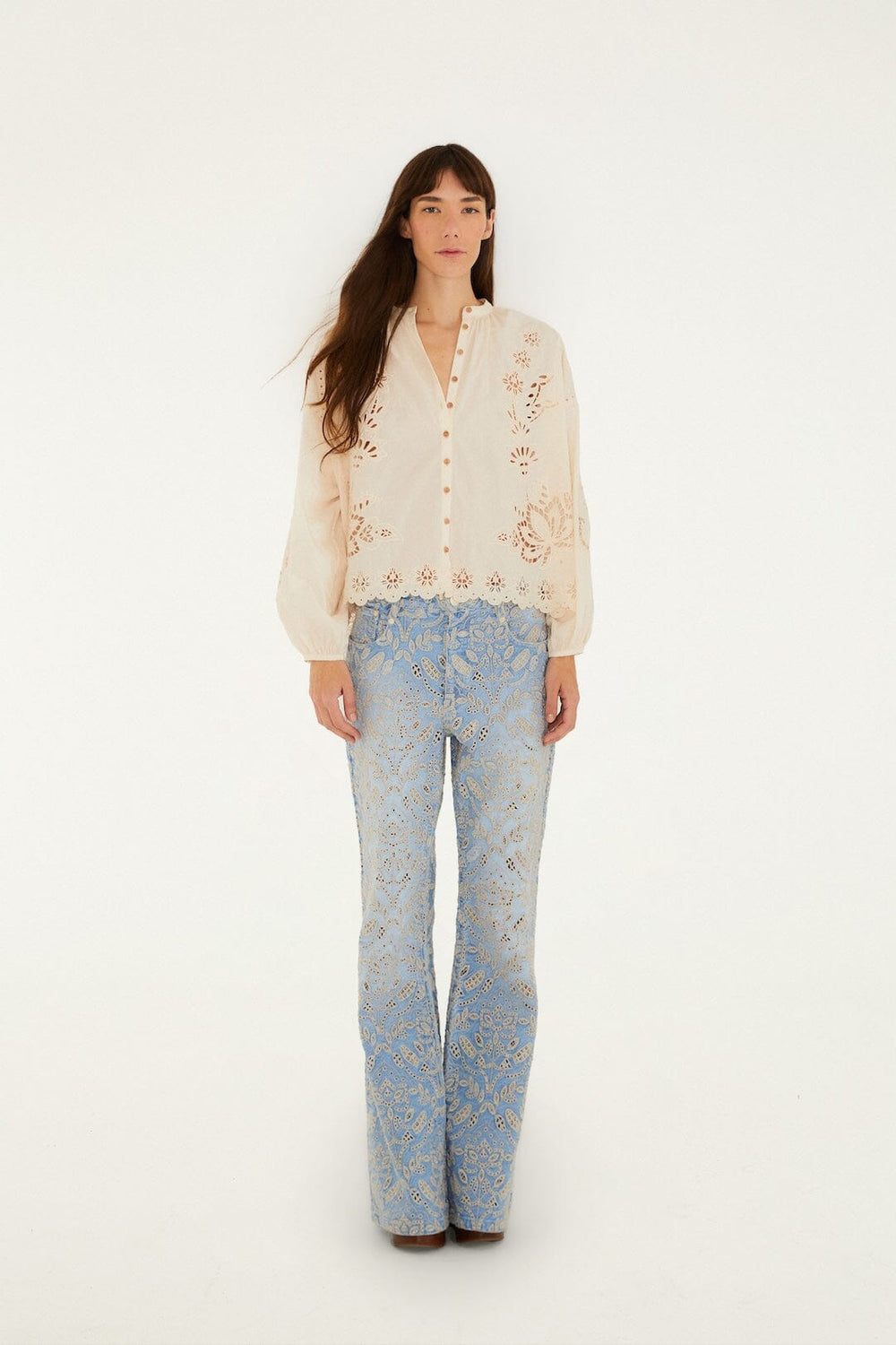 Denim Eyelet Pockets Flare Pants - FARM Rio DENIM