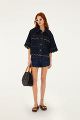 Dark Denim Pockets Wavy Hem Shorts - FARM Rio DENIM