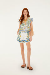 Off-White Emily Floral Tapestry Belted Shorts - FARM Rio EMILY FLORAL TAPESTRY OFF-WHITE