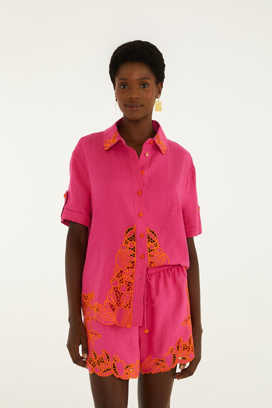 Pink Fruit Richelieu Artisanal Euroflax Premium Linen Shorts - FARM Rio PINK