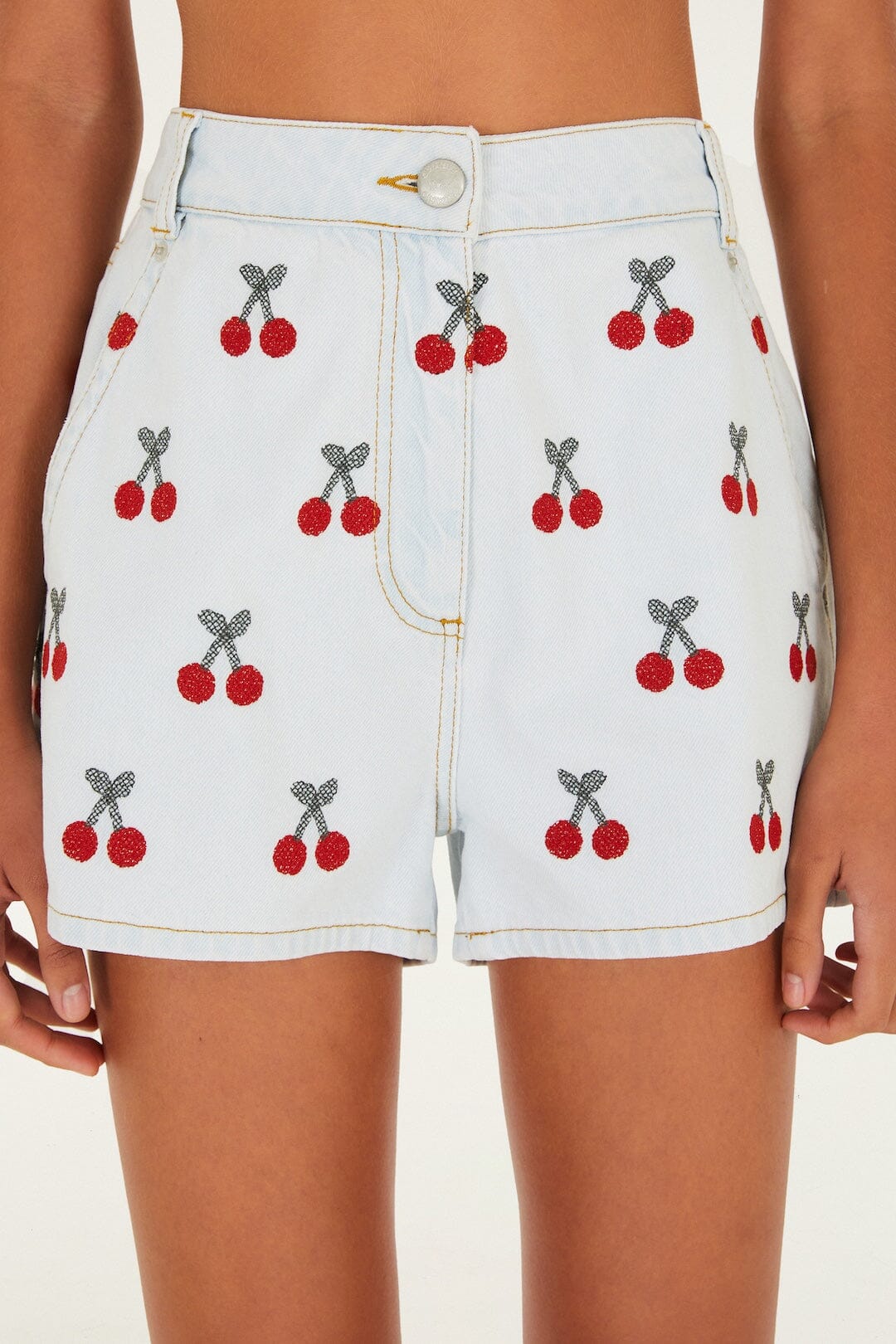 Embroidered Cherry Denim Shorts - FARM Rio DENIM