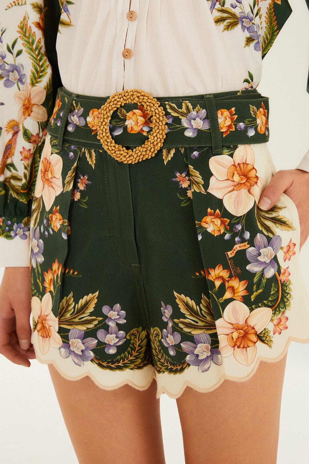 Green Berry Garden Beaded Buckle Twill Shorts - FARM Rio BERRY GARDEN BLACK