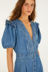 Denim Ruffled Puff Sleeve Romper - FARM Rio DENIM