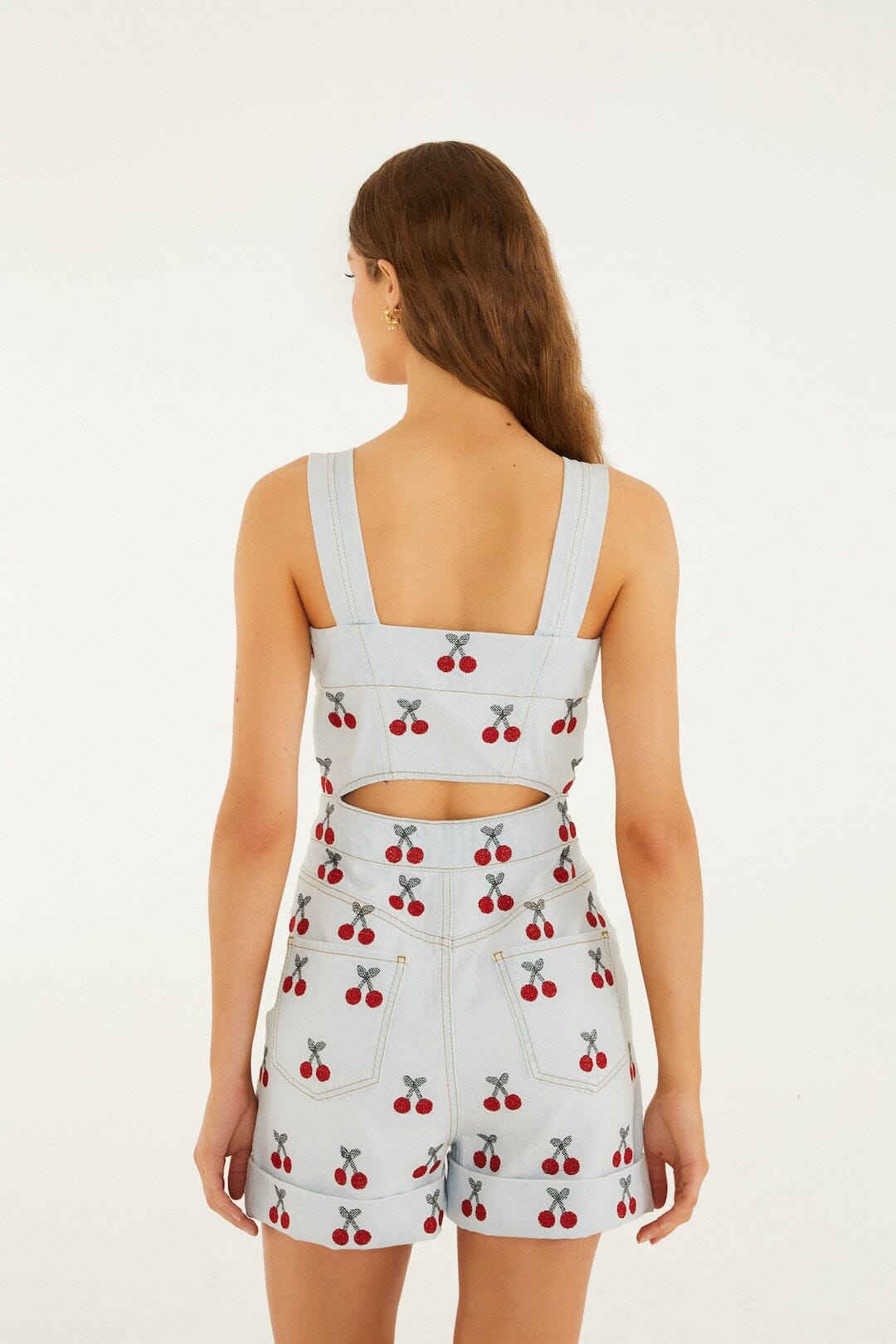 Embroidered Cherry Denim Romper - FARM Rio DENIM