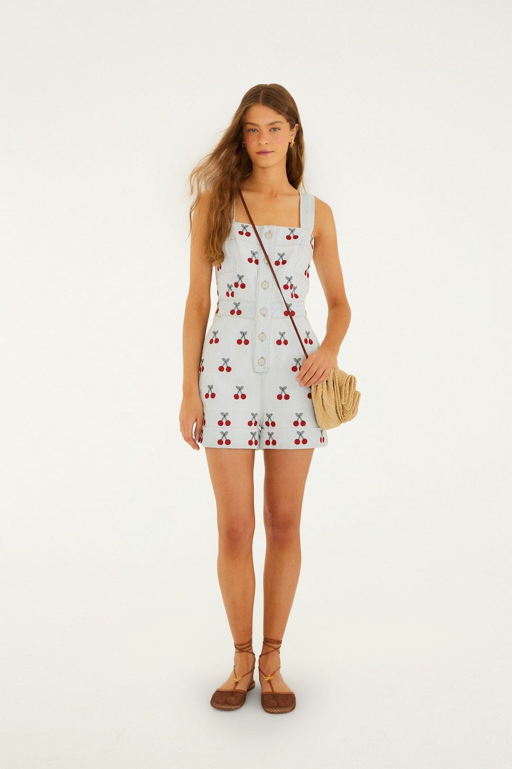 Embroidered Cherry Denim Romper - FARM Rio DENIM