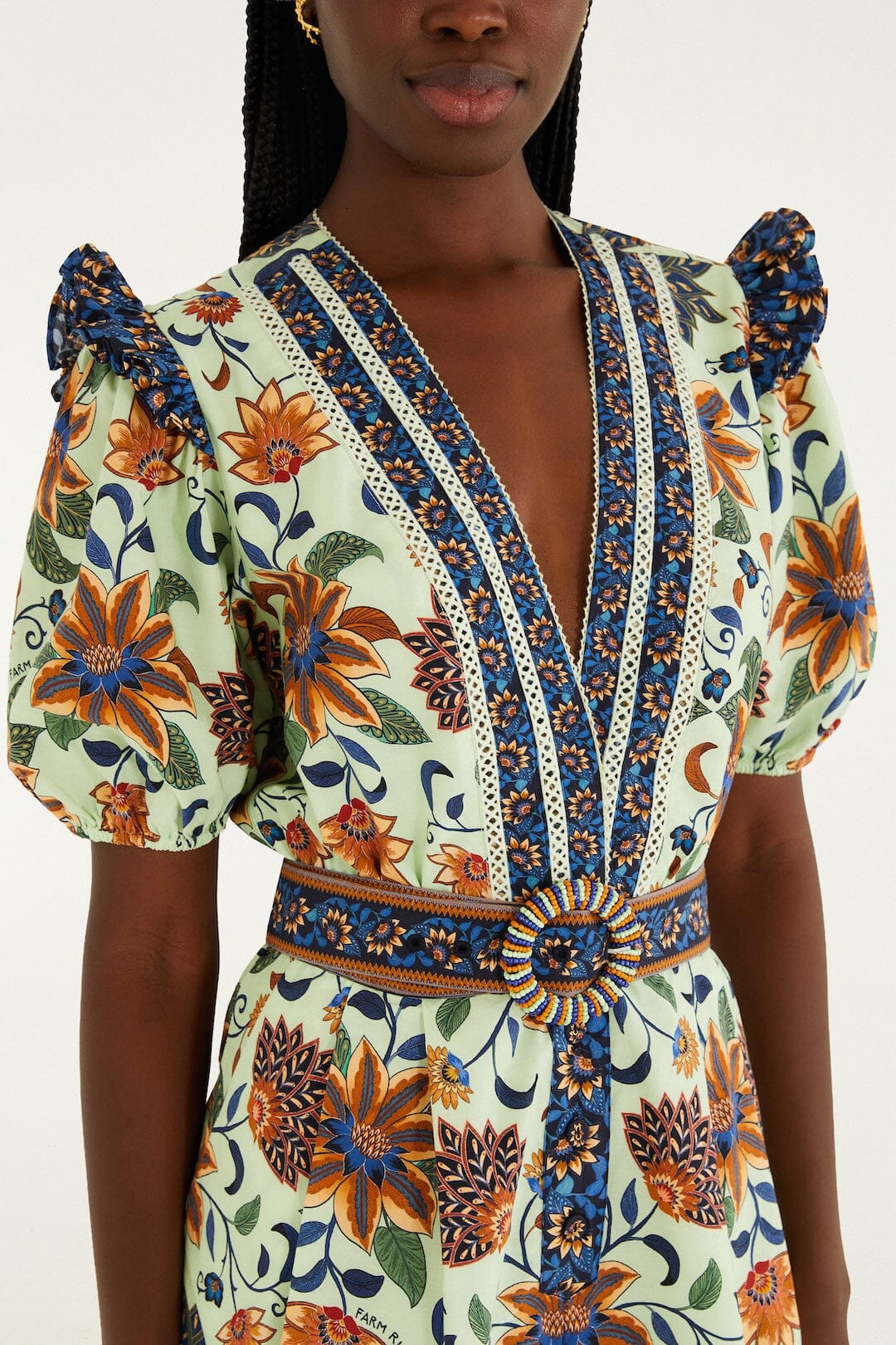 Light Green Floral Delhi Tapestry Belted Organic Cotton Romper - FARM Rio FLORAL DELHI TAPESTRY LIGHT GREEN