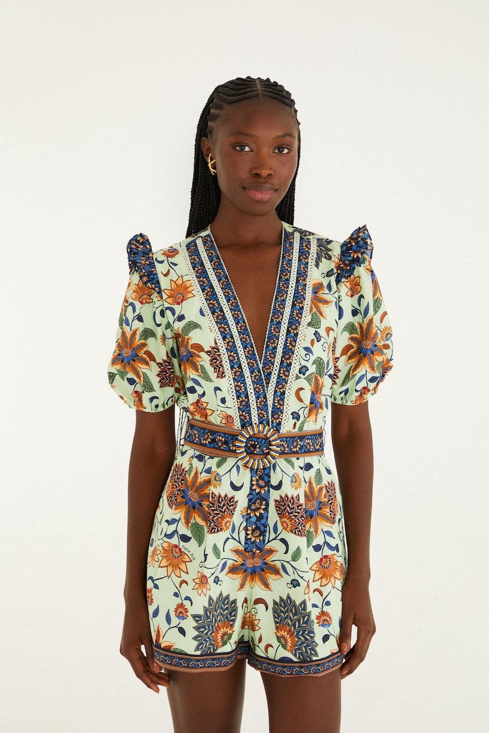 Light Green Floral Delhi Tapestry Belted Organic Cotton Romper - FARM Rio FLORAL DELHI TAPESTRY LIGHT GREEN