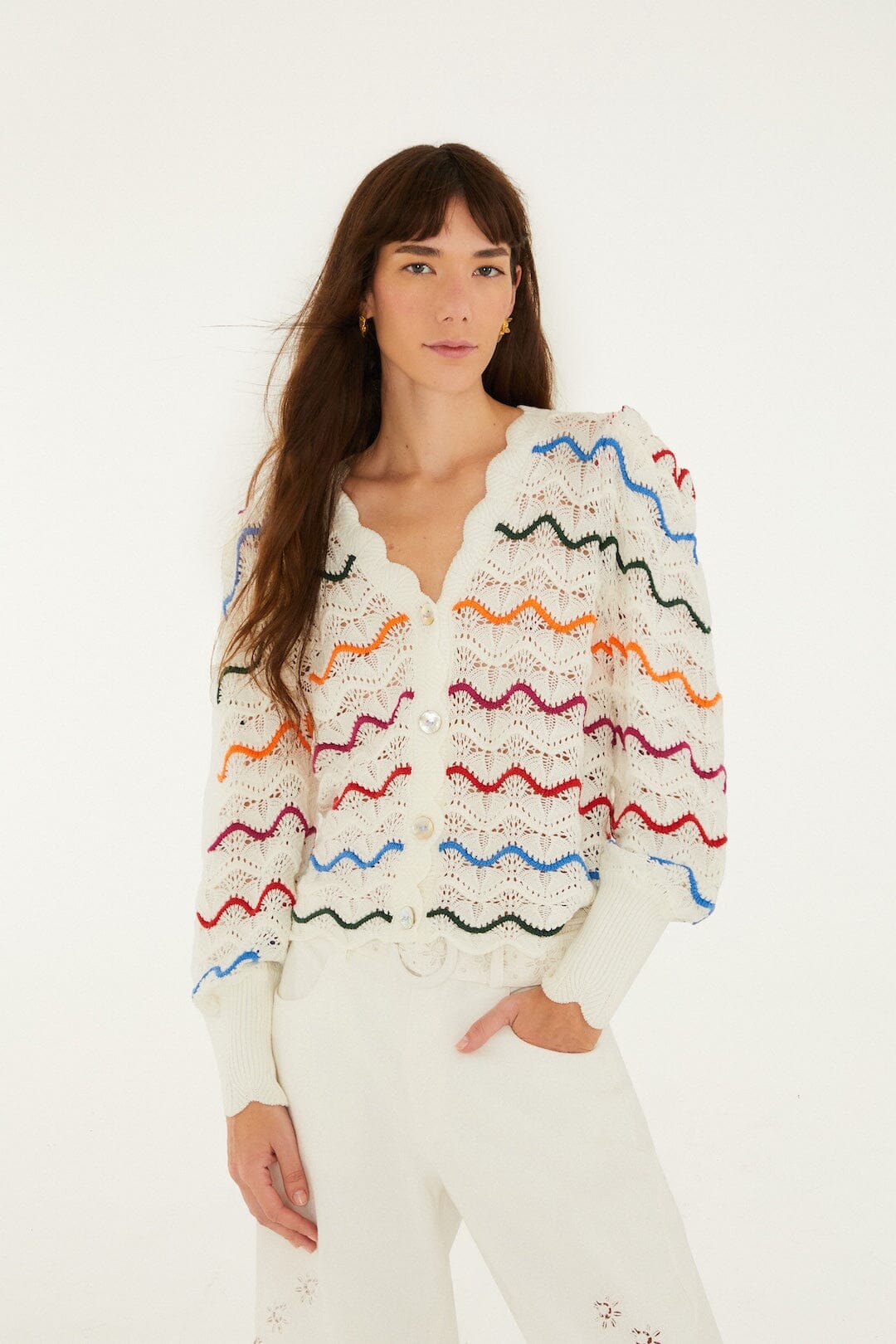 Colorful Stripes Knit Cardigan - FARM Rio OFF-WHITE