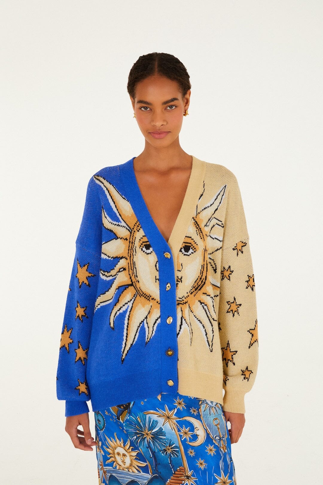 Mixed Mystical Sun Buttoned Knit Cardigan - FARM Rio MYSTICAL BLUE