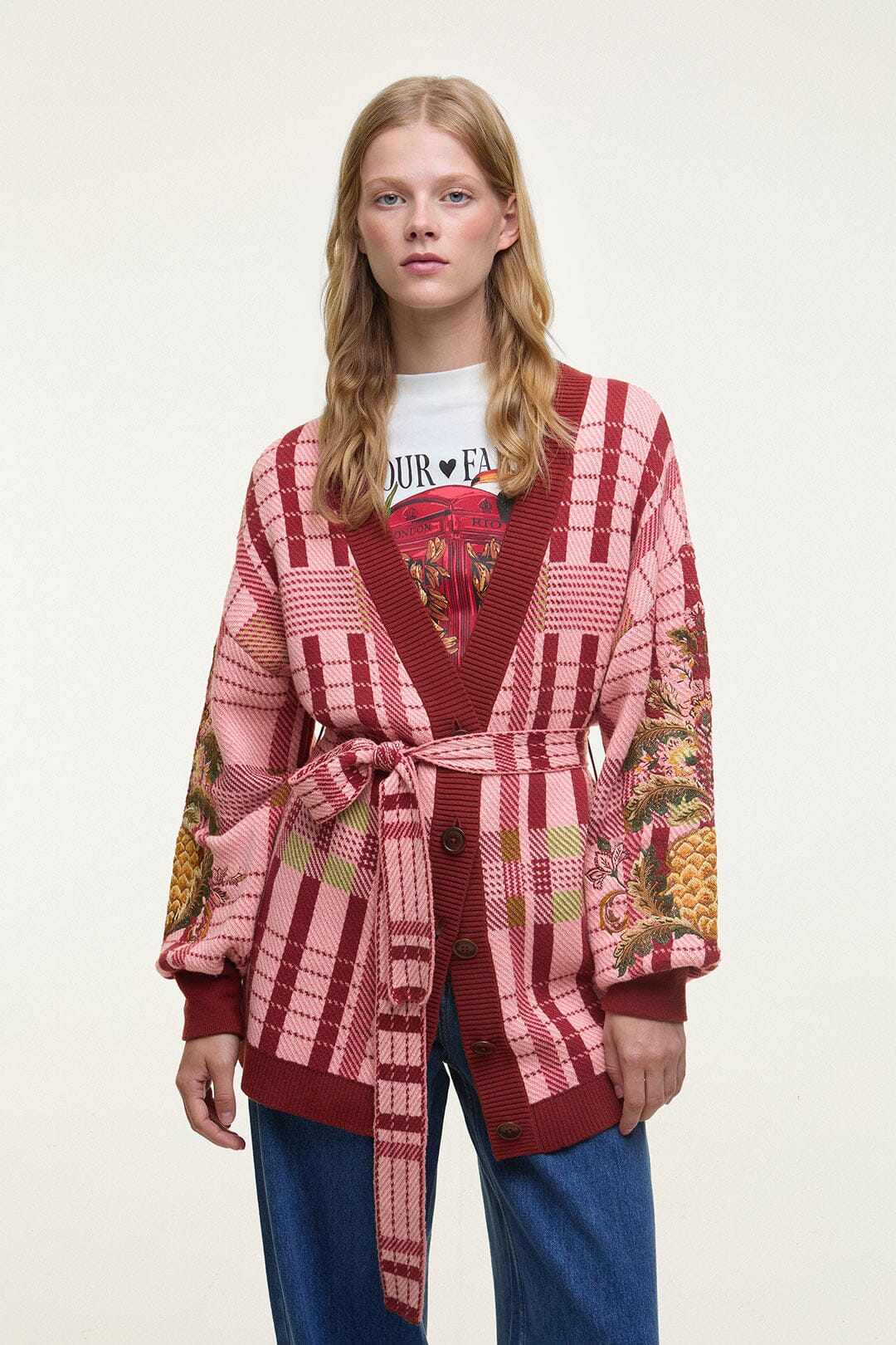 Luisa Embroidered Cardigan - FARM Rio TARTAN PINK