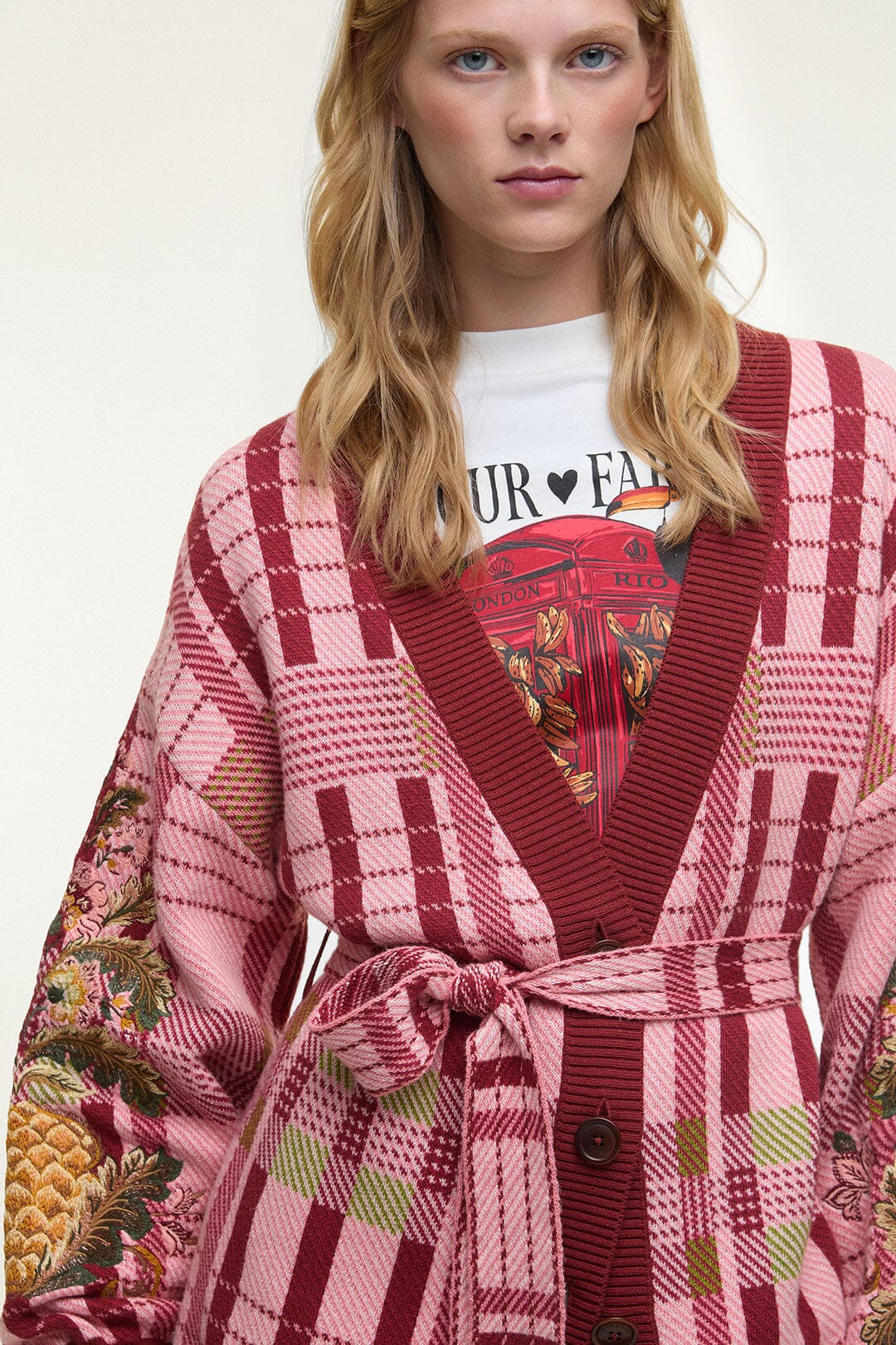 Luisa Embroidered Cardigan - FARM Rio TARTAN PINK
