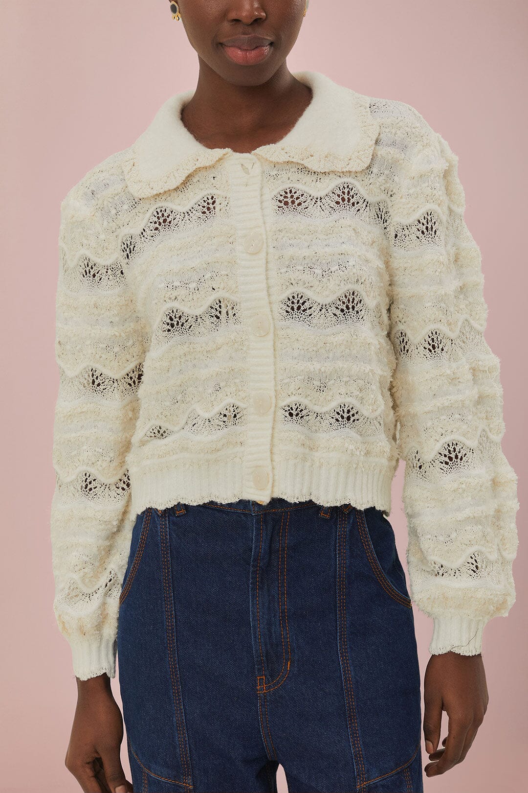 Mixed Stitches Off-White Knit Cardigan - FARM Rio OFF-WHITE