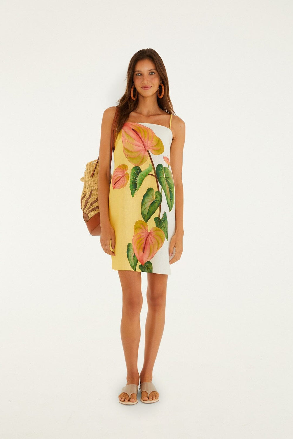 Golden Yellow Anthurium Square Neck Mini Dress - FARM Rio ANTURIUM GOLDEN YELLOW