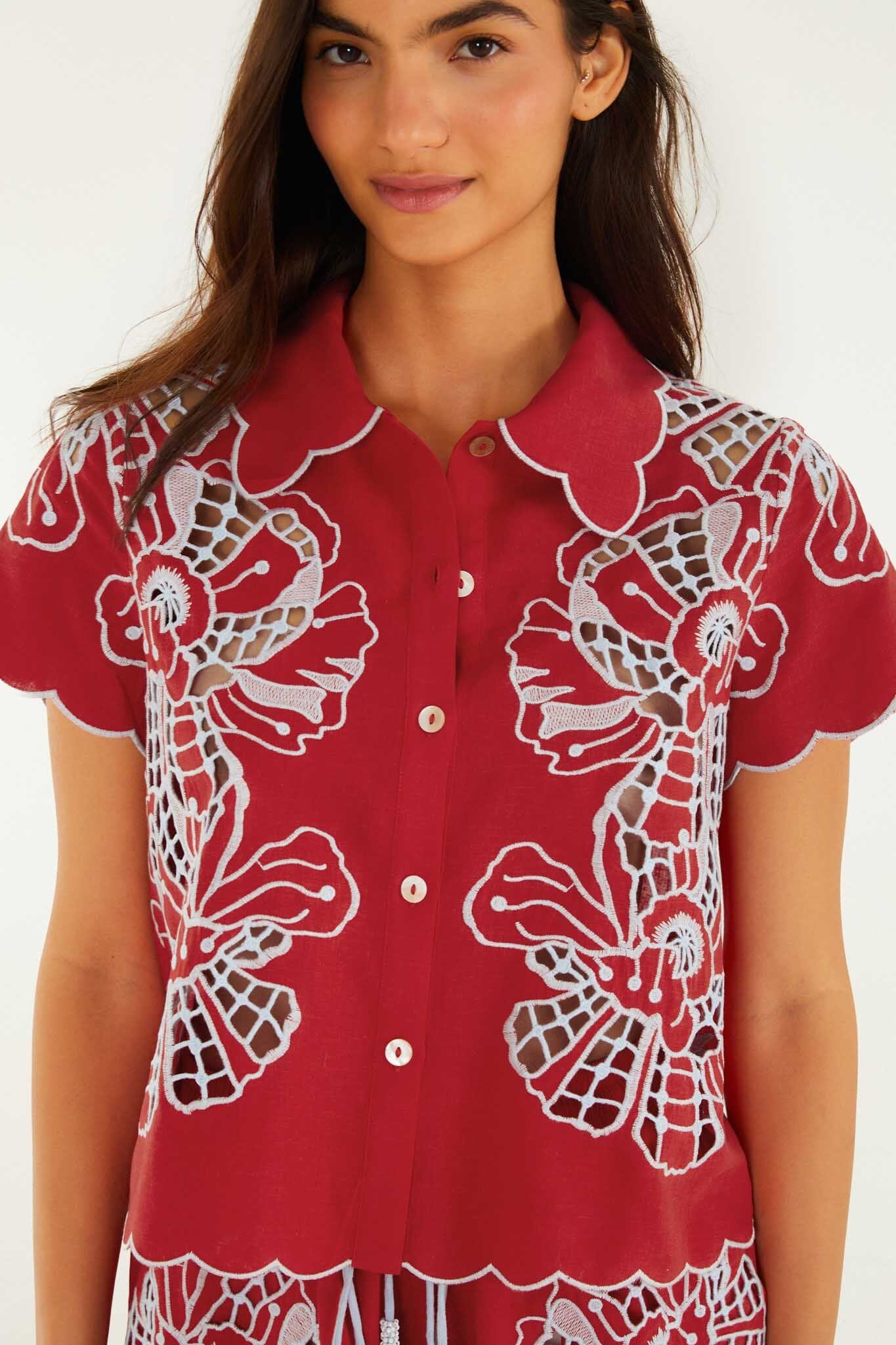 Blouse With Embroidery And Buttons - FARM Rio POPPY FLOWERS