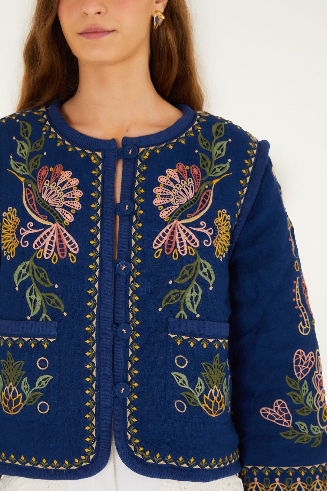 Dark Blue Embroidered Pockets Richelieu Jacket - FARM Rio DARK BLUE