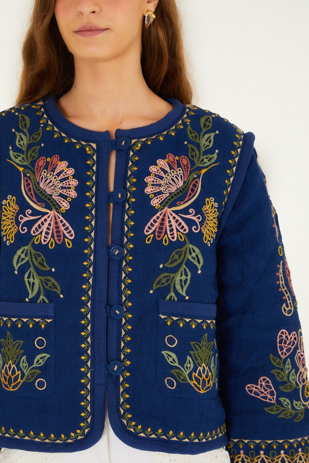 Dark Blue Embroidered Pockets Richelieu Jacket - FARM Rio DARK BLUE