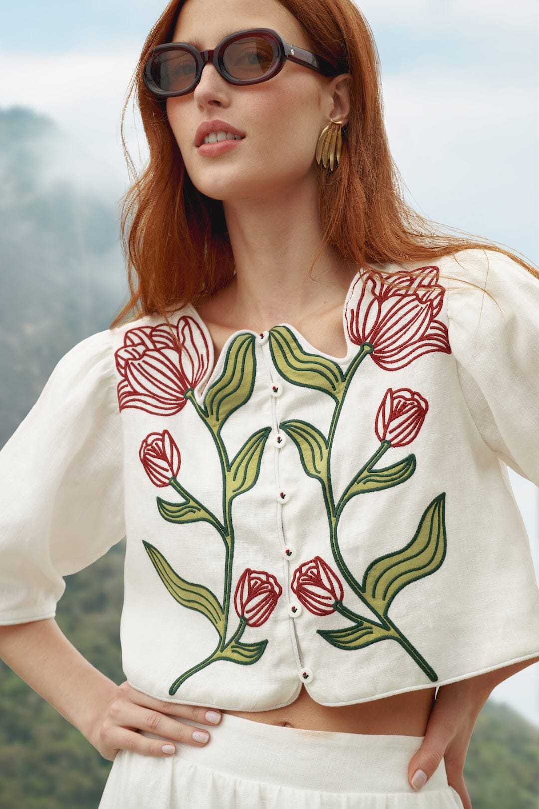 Off-White Flower Embroidered Euroflax Premium Linen Crop Top - FARM Rio OFF-WHITE