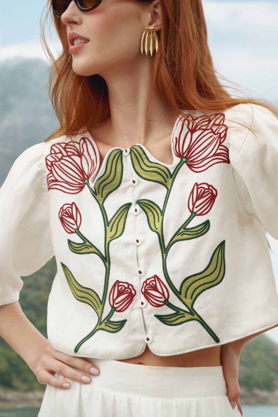 Off-White Flower Embroidered Euroflax Premium Linen Crop Top - FARM Rio OFF-WHITE