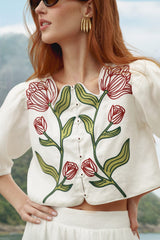 Off-White Flower Embroidered Euroflax Premium Linen Crop Top - FARM Rio OFF-WHITE