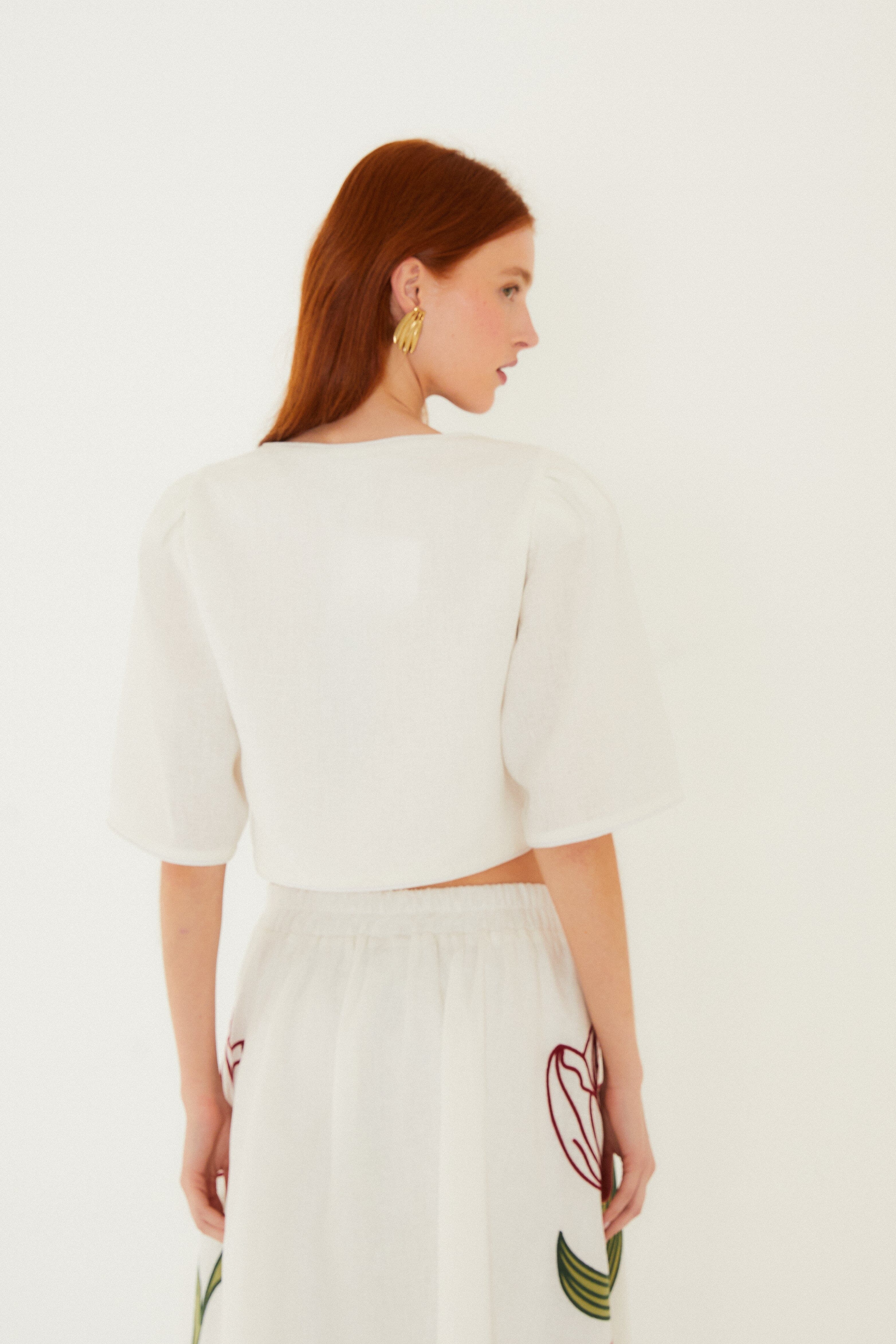 Off-White Flower Embroidered Euroflax Premium Linen Crop Top - FARM Rio OFF-WHITE