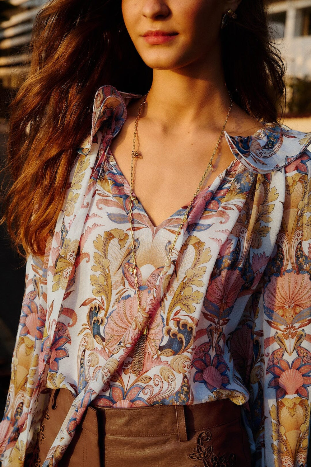 Off-White Sea Garden Ruffled Long Sleeve Blouse - FARM Rio SEA GARDEN OFF-WHITE