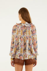 Off-White Sea Garden Ruffled Long Sleeve Blouse - FARM Rio SEA GARDEN OFF-WHITE