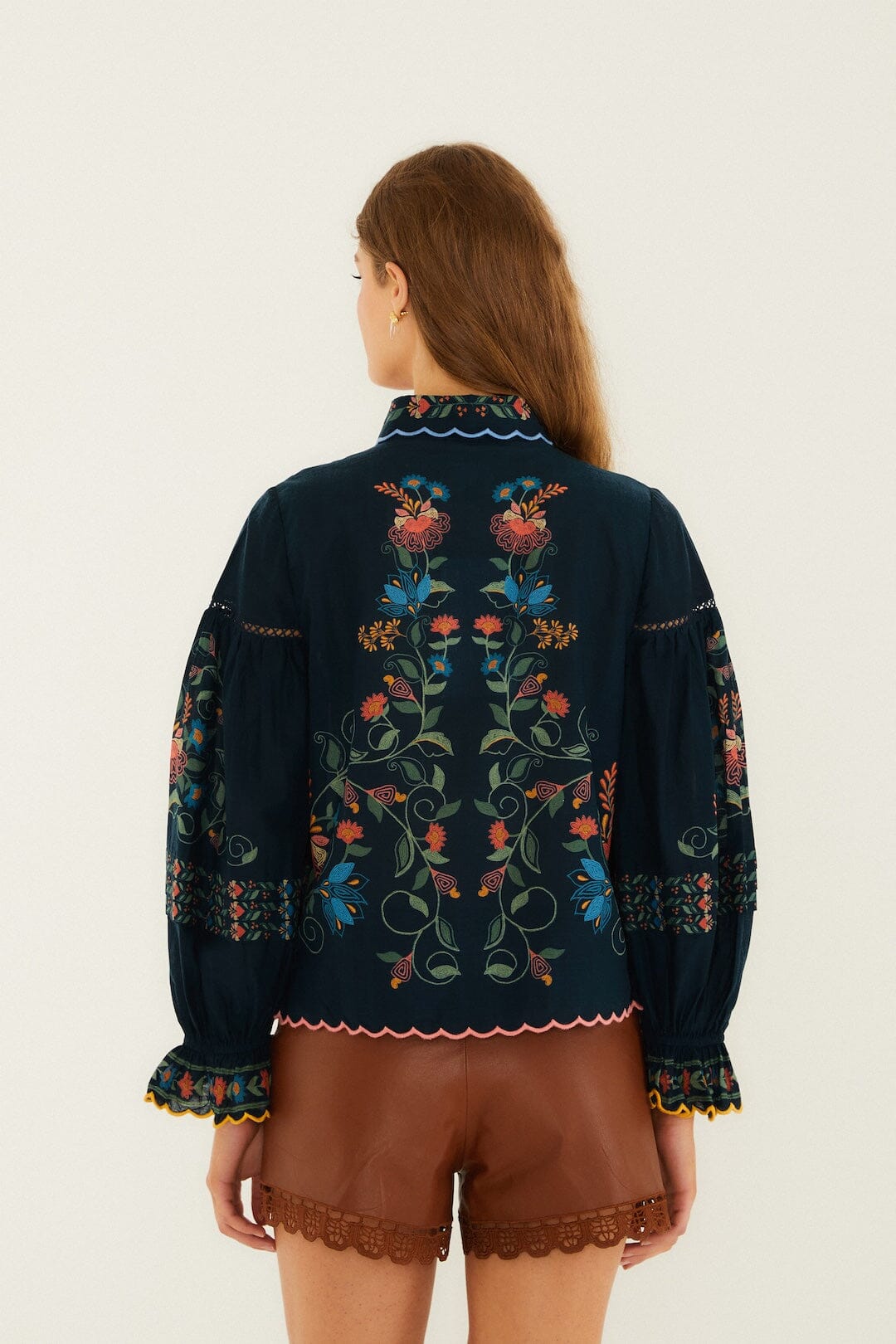 Navy Blue Stitched Garden Wavy Hem Blouse - FARM Rio STITCHED GARDEN NAVY BLUE