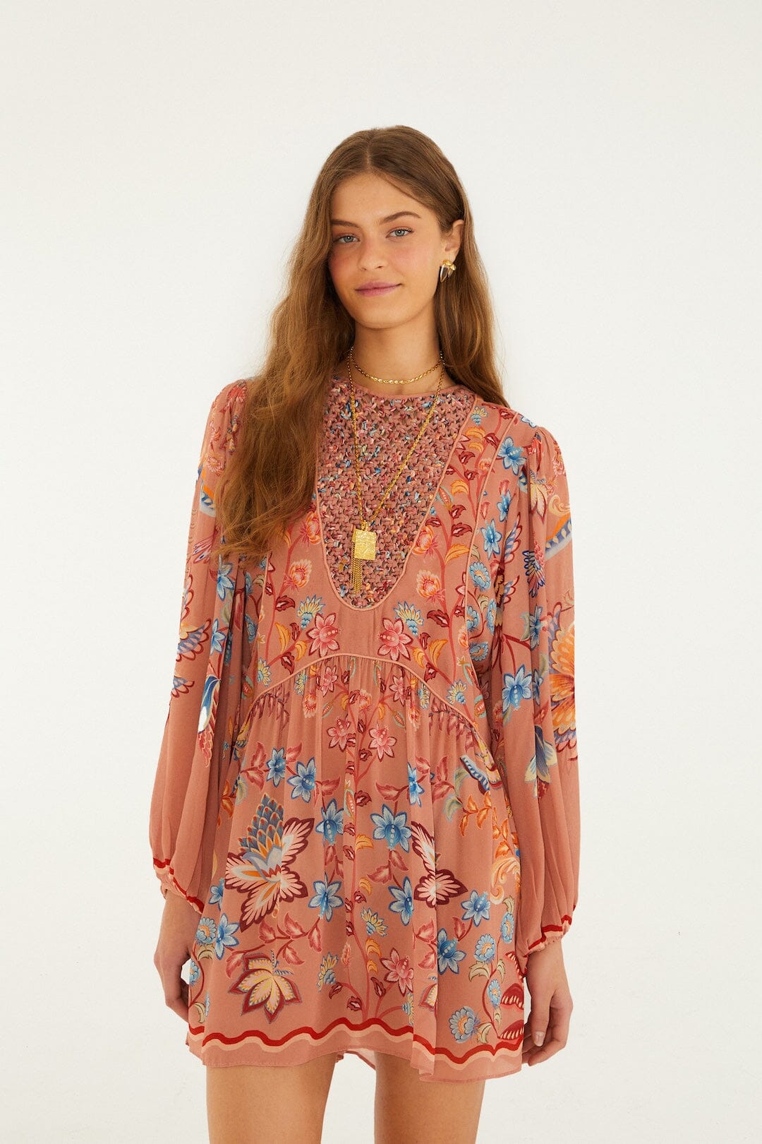 Mocha Boho Enhance Lace Long Sleeve Mini Dress - FARM Rio BOHO ENCHANCE MOCHA
