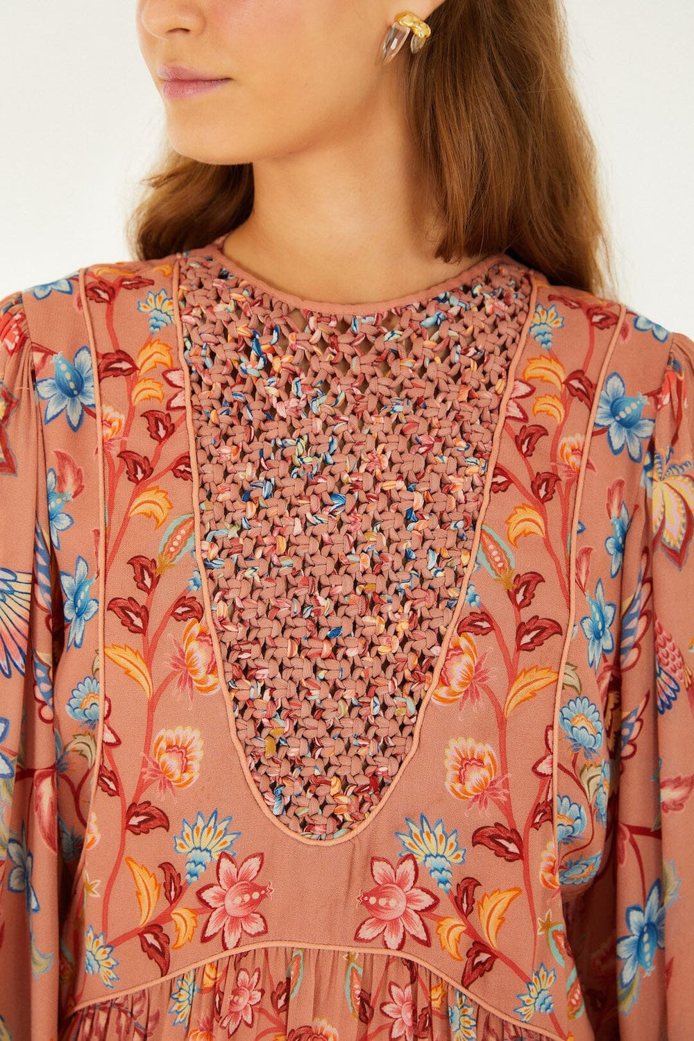 Mocha Boho Enhance Lace Long Sleeve Mini Dress - FARM Rio BOHO ENCHANCE MOCHA