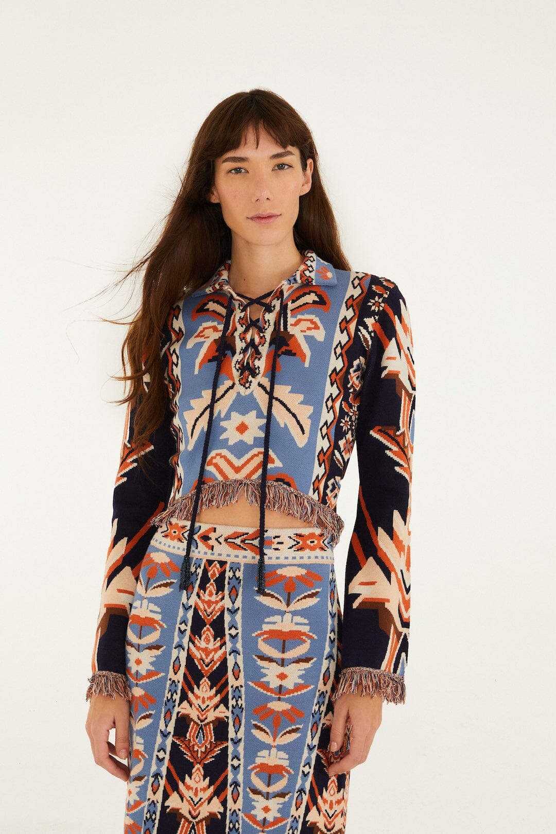 Multicolor Tapestry Fringes Knit Top - FARM Rio EMBROIDERY TAPESTRY BLUE