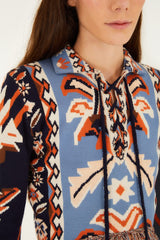 Multicolor Tapestry Fringes Knit Top - FARM Rio EMBROIDERY TAPESTRY BLUE