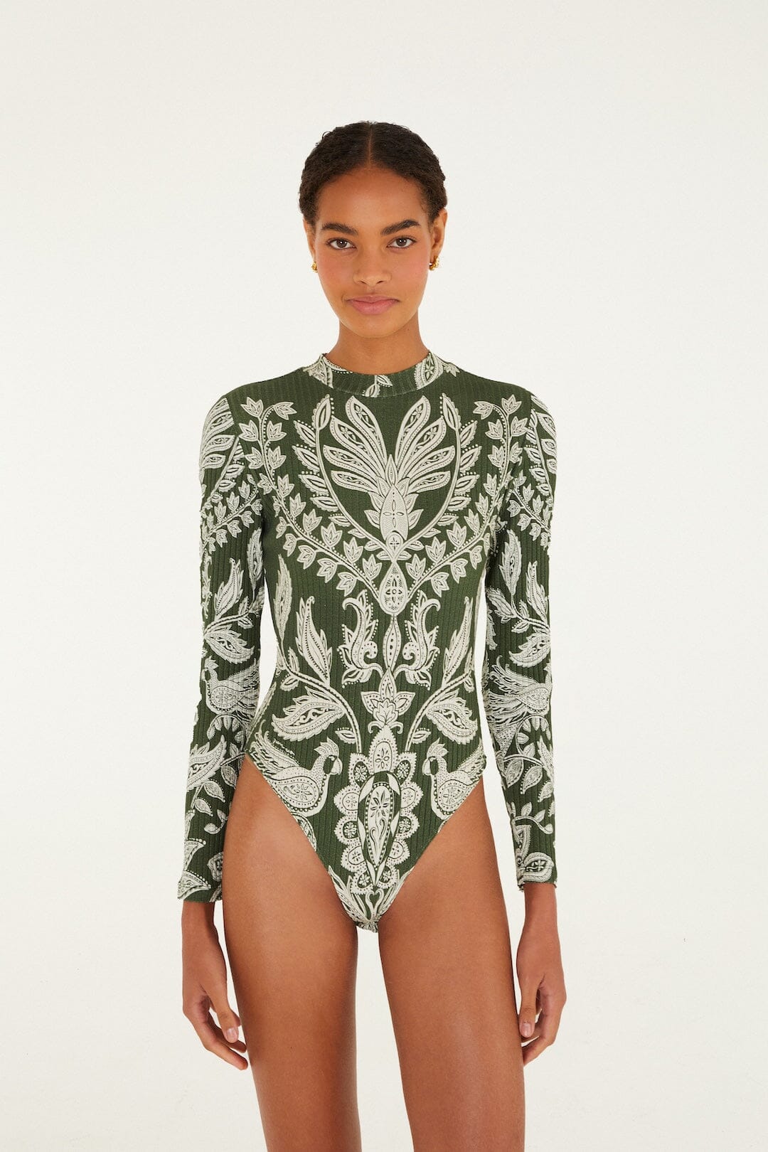 Dark Green Miranda Long Sleeve Bodysuit - FARM Rio MIRANDA DARK GREEN