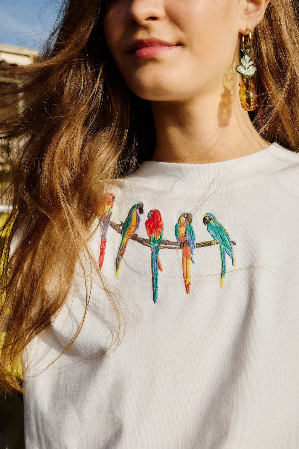 Off-White Birds On Branch Embroidered Organic Cotton T-Shirt - FARM Rio OFF-WHITE
