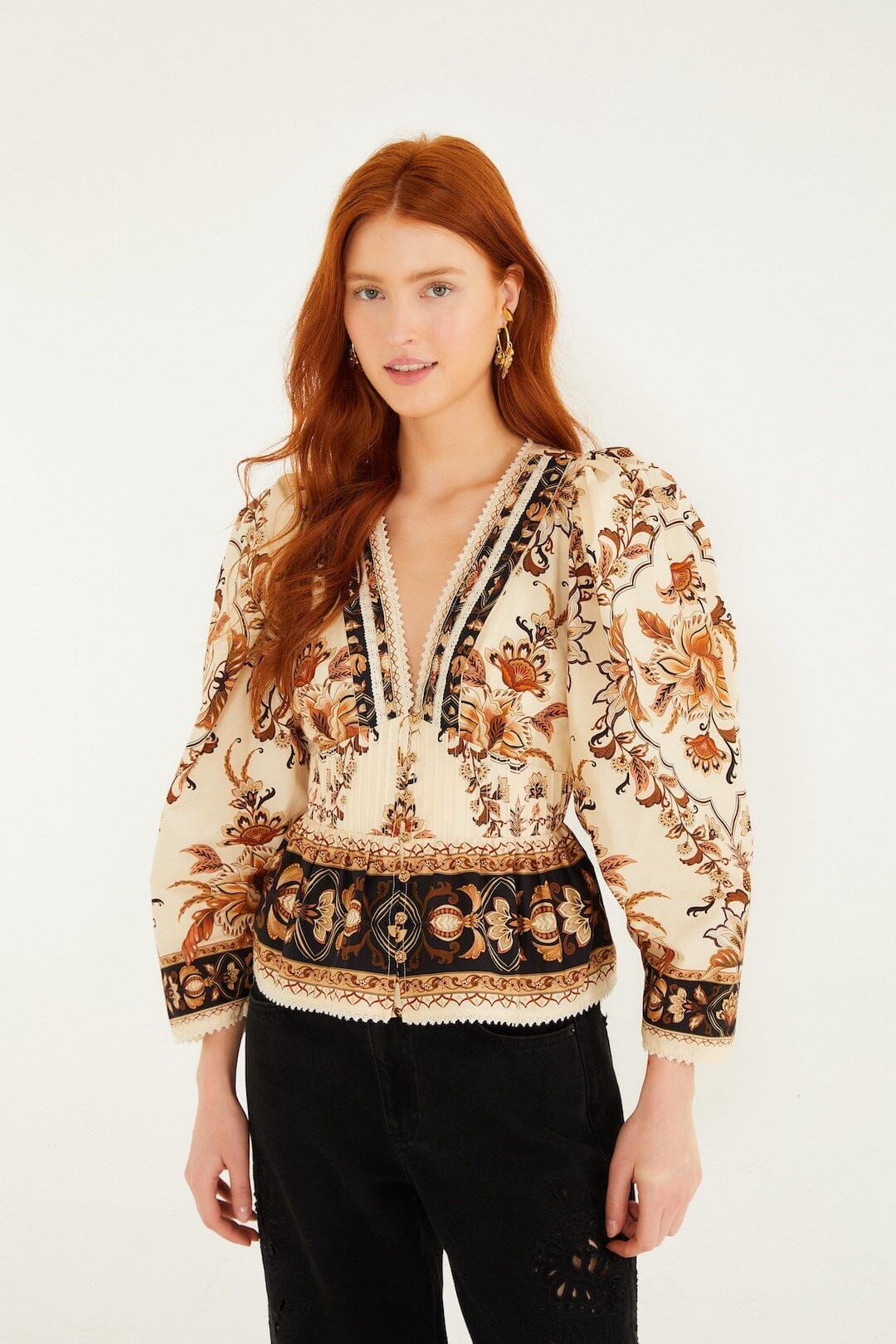 Sand Majestic Garden Lace Puff Sleeve Organic Cotton Blouse - FARM Rio MAJESTIC GARDEN SAND