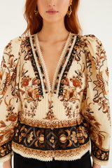 Sand Majestic Garden Lace Puff Sleeve Organic Cotton Blouse - FARM Rio MAJESTIC GARDEN SAND