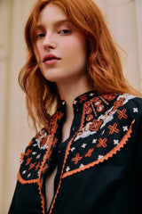 Black Embroidered Buttoned Long Sleeve Shirt - FARM Rio BLACK