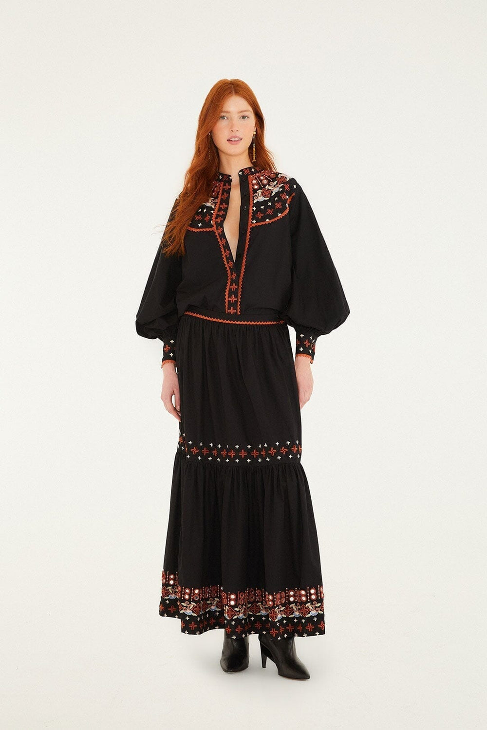Black Embroidered Buttoned Long Sleeve Shirt - FARM Rio BLACK
