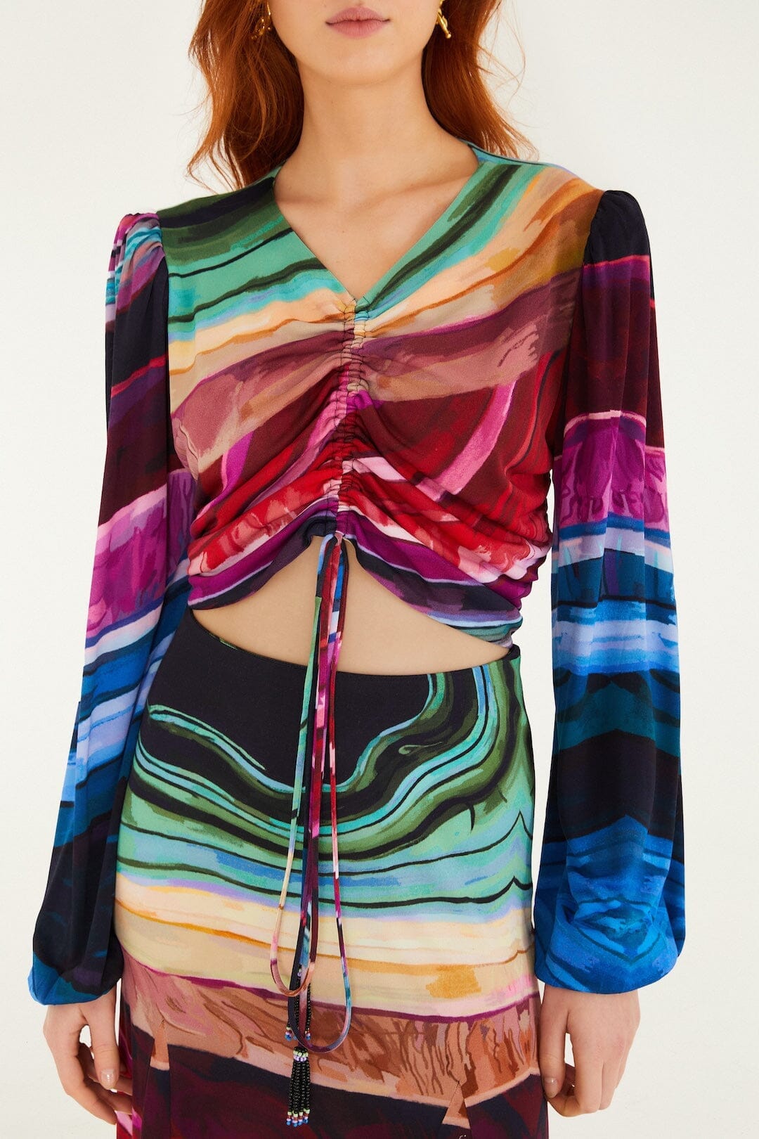 Multicolor Precious Gems Long Sleeve Draped Top - FARM Rio PRECIOUS GEMS MULTICOLOR