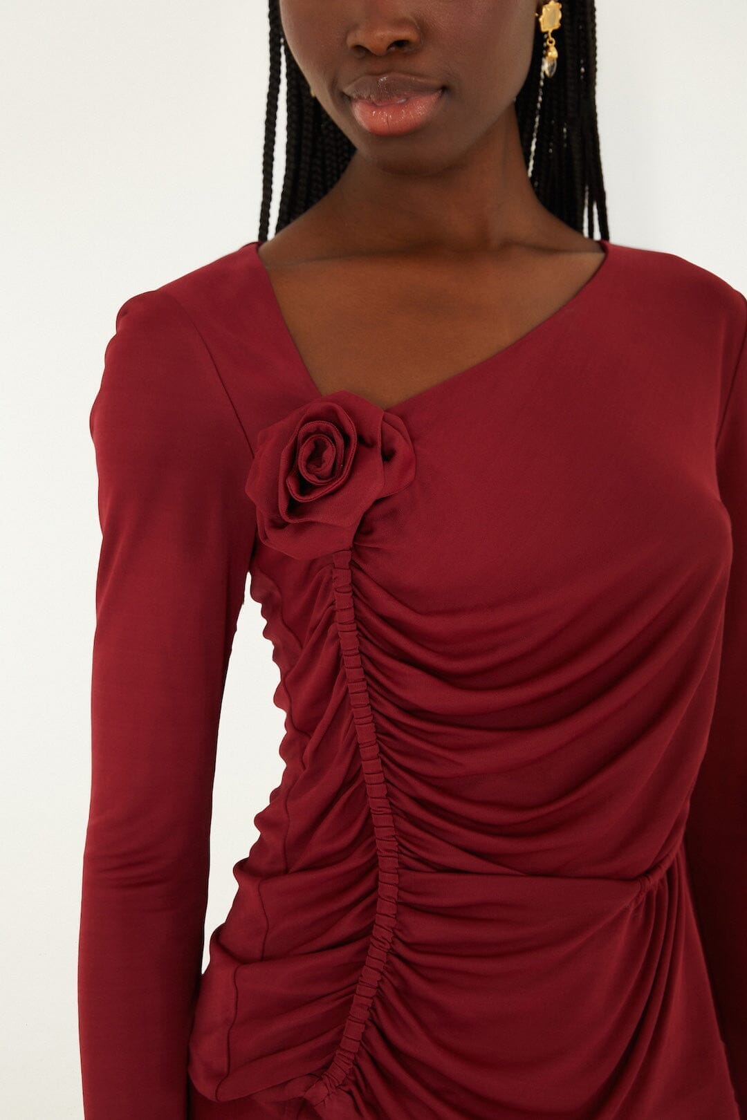Burgundy 3d Flower Draped Long Sleeve Blouse - FARM Rio BURGUNDY
