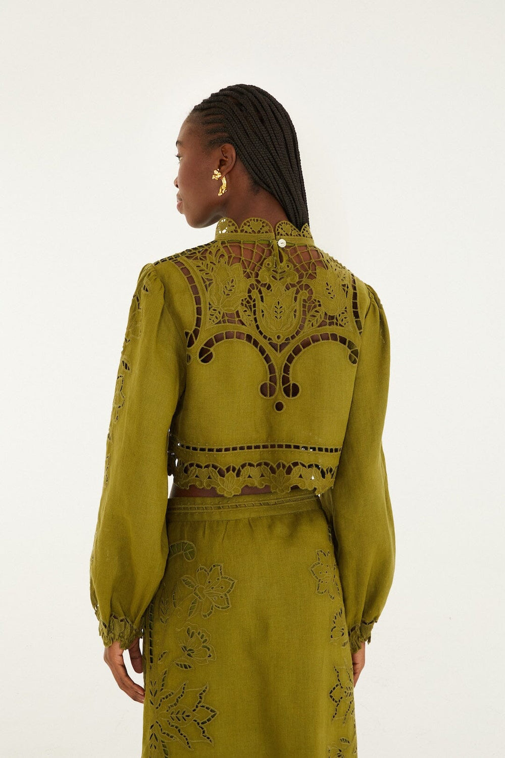 Green Majestic Garden Euroflax Premium Linen Richelieu Blouse - FARM Rio GREEN