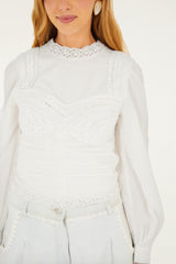Off-White Crew Neck Long Sleeve Crochet Blouse - FARM Rio OFF-WHITE