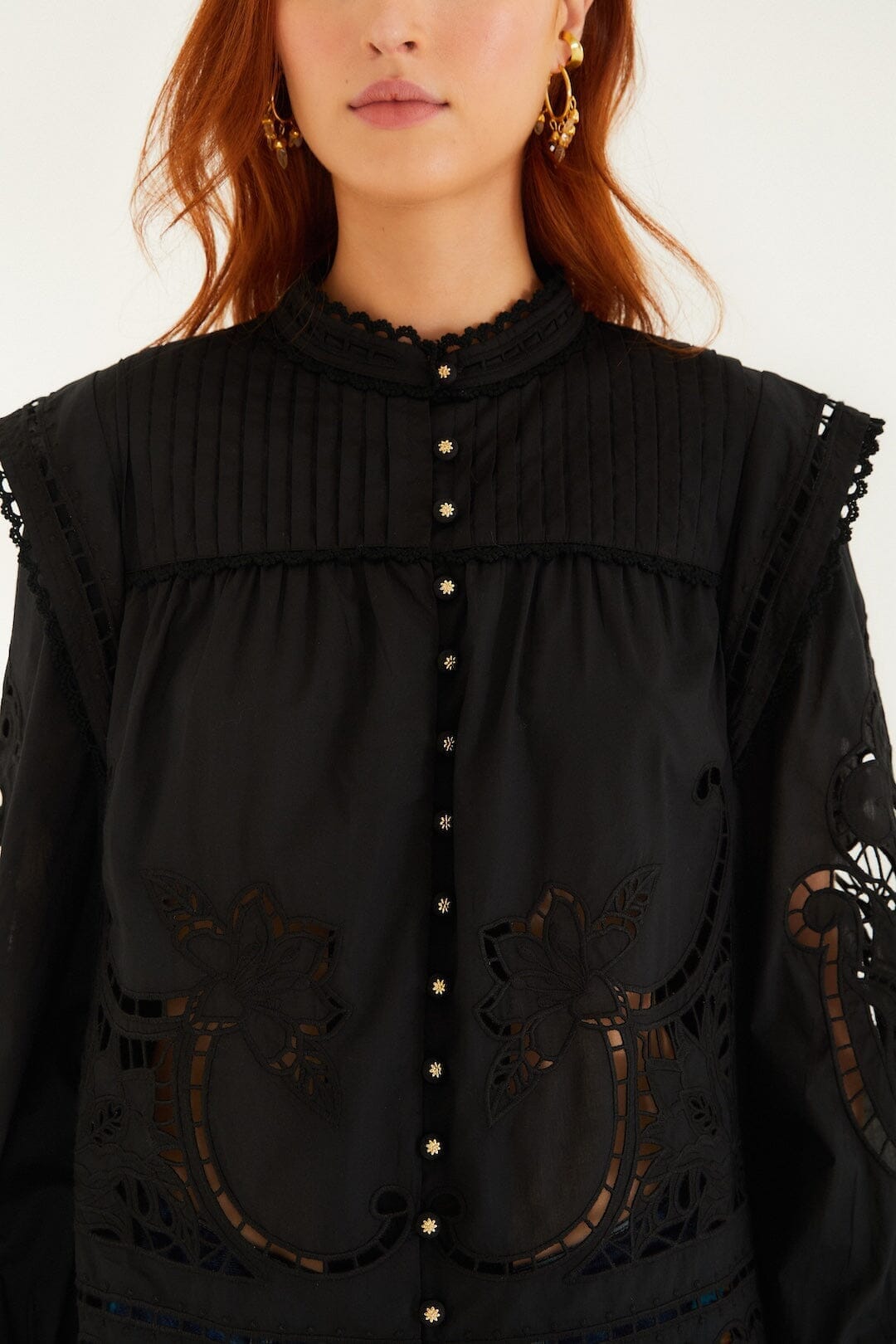 Black Richelieu Puff Sleeve Organic Cotton Blouse - FARM Rio BLACK
